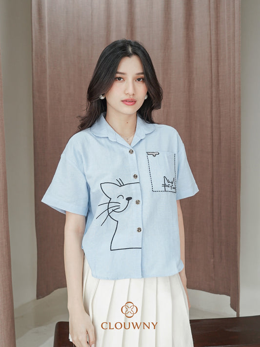 Catty Button Cotton Shirt - Blue