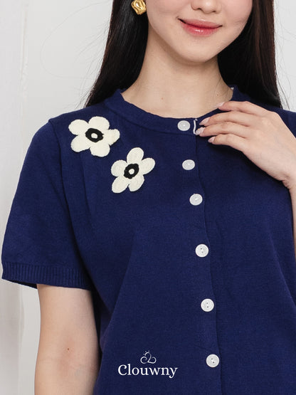 Alen Flower Knit Top - Navy