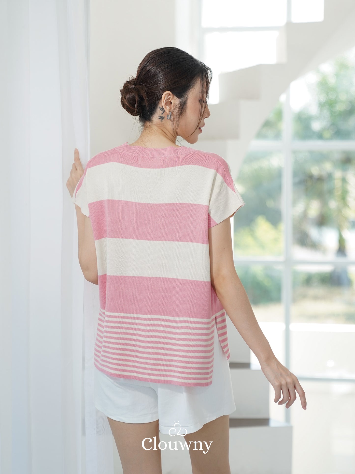 Atasan Rajutan Cortes Stripes - Merah Muda