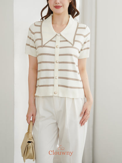 Prisca Collar Knit Top - Cream-Beige Stripes