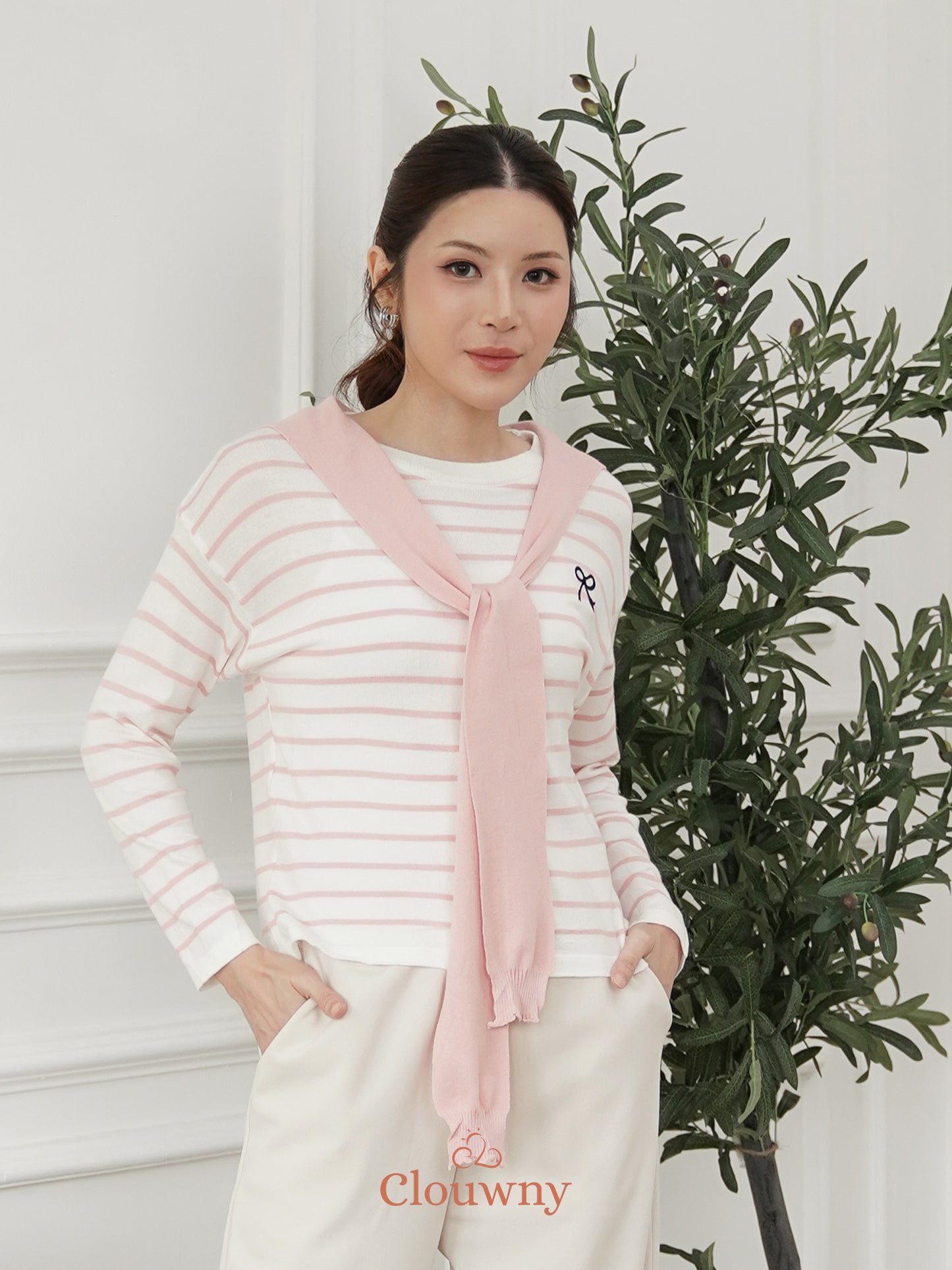Genevi Scarf Stripes Top - Pink