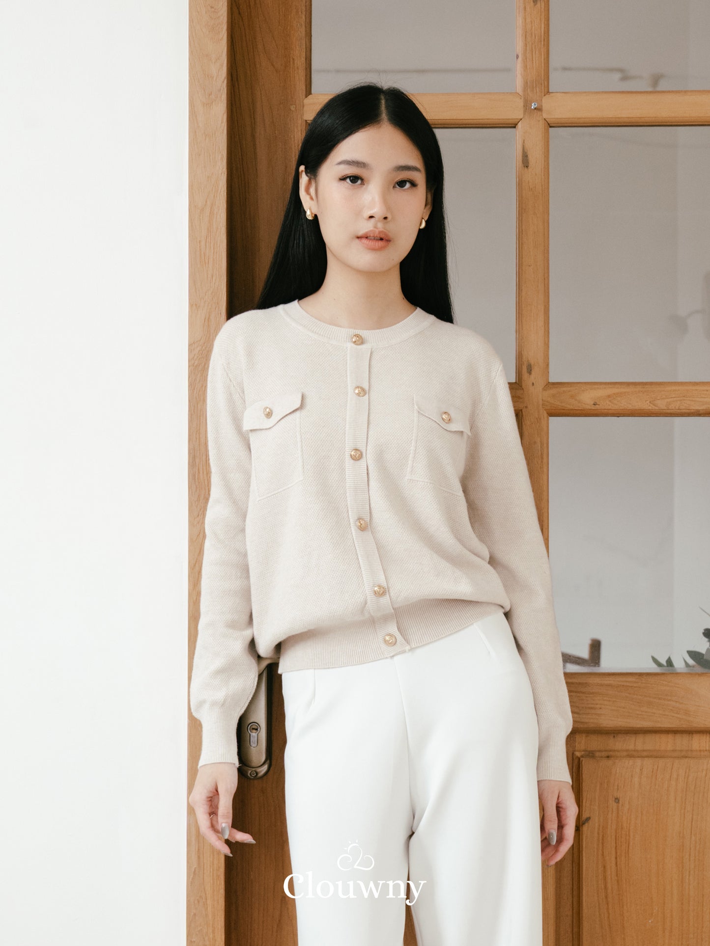 Pomp Button Top - Khaki