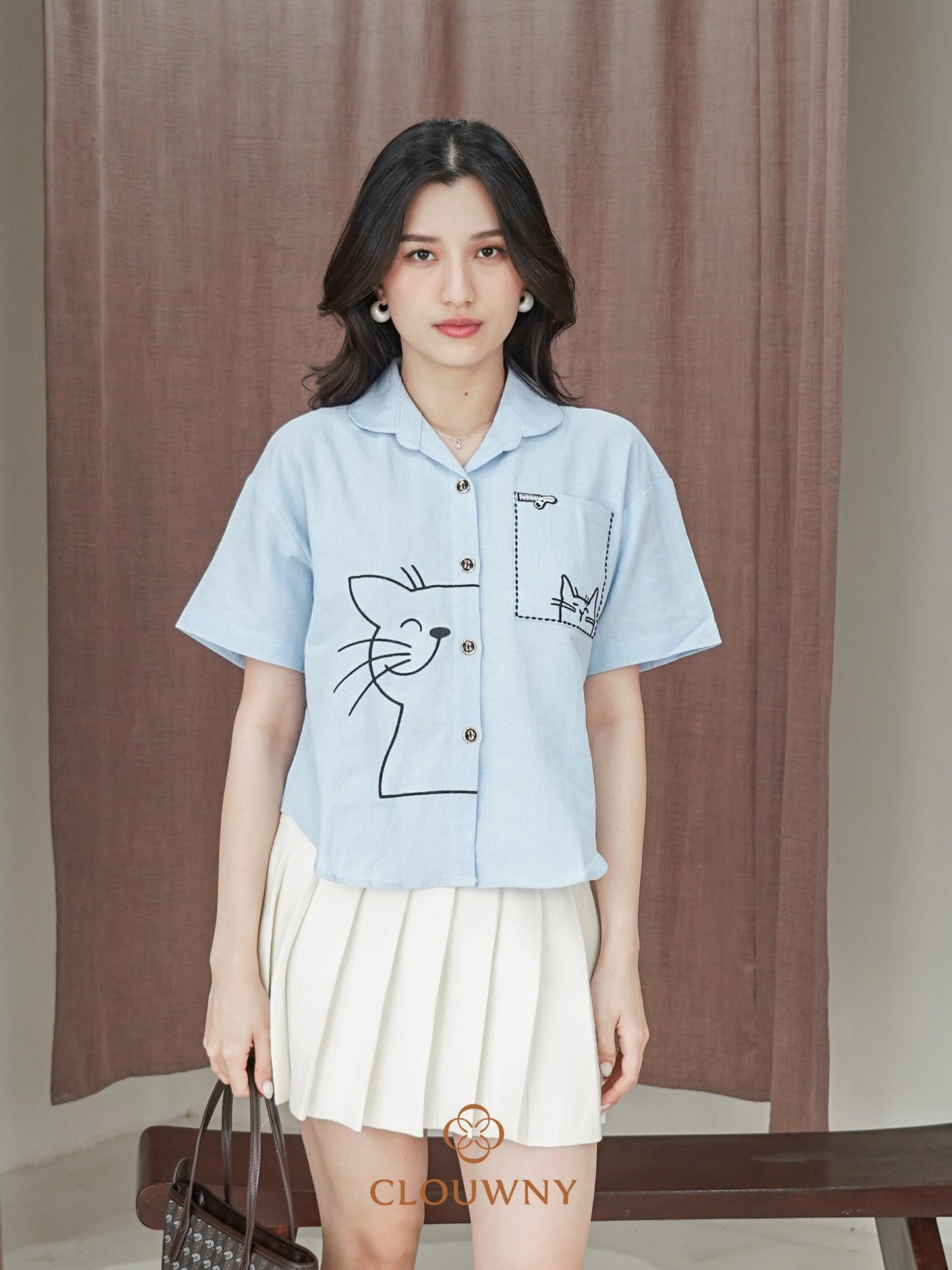 Catty Button Cotton Shirt - Blue