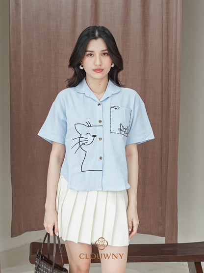 Catty Button Cotton Shirt - Blue