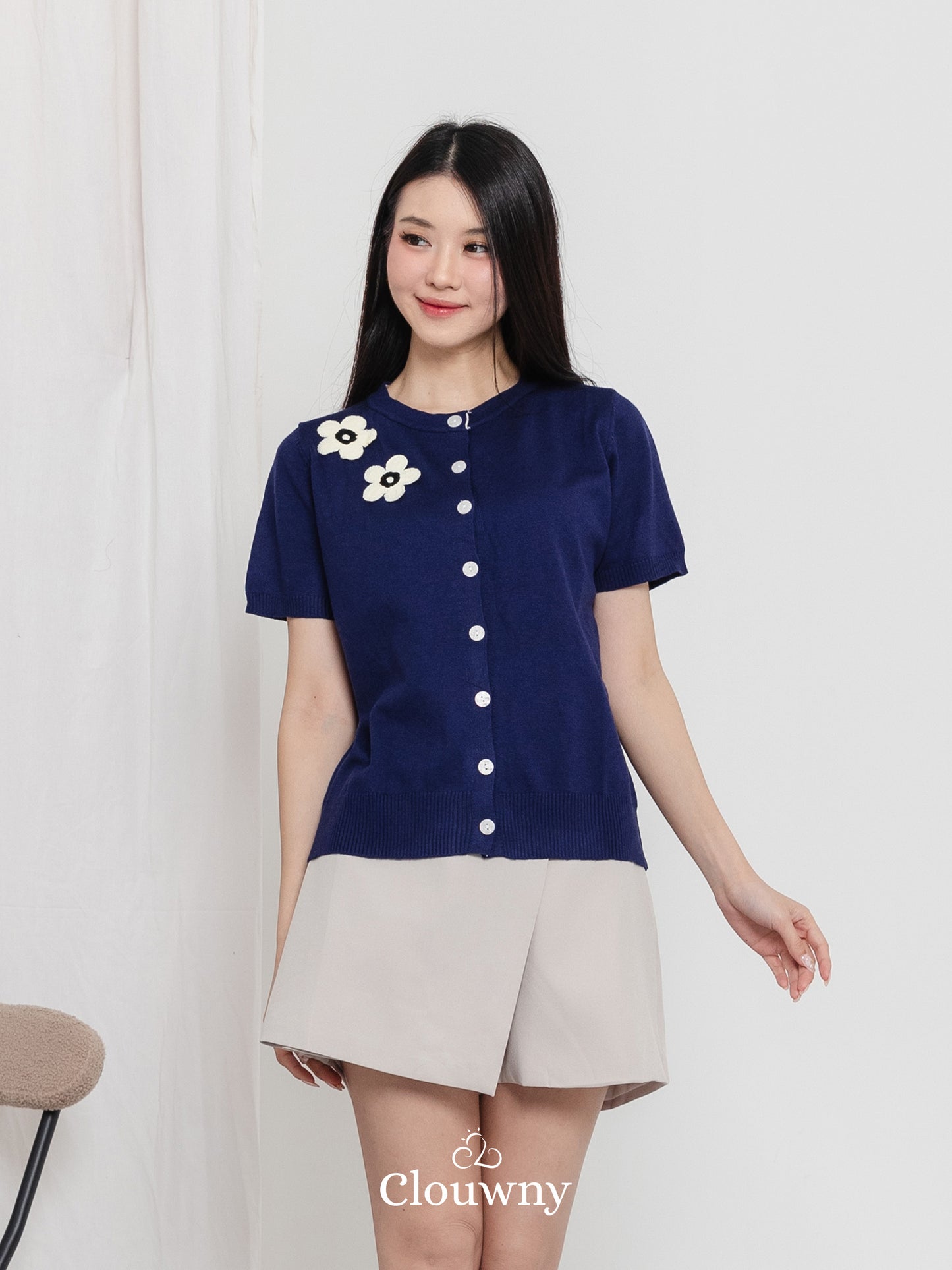 Alen Flower Knit Top - Navy