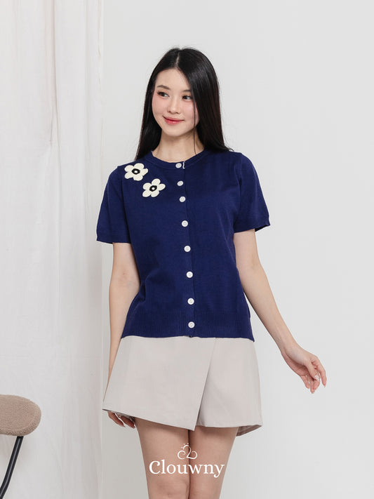 Alen Flower Knit Top - Navy