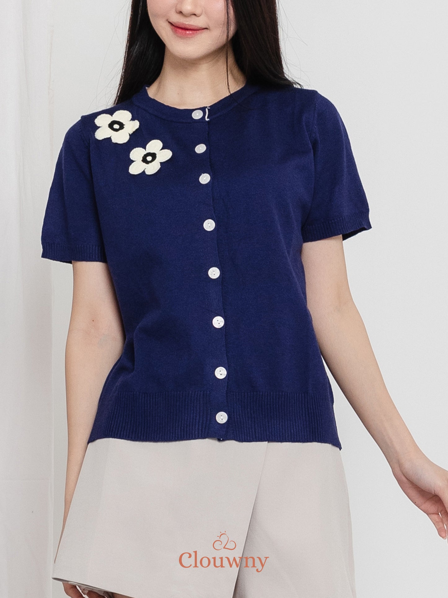 Alen Flower Knit Top - Navy