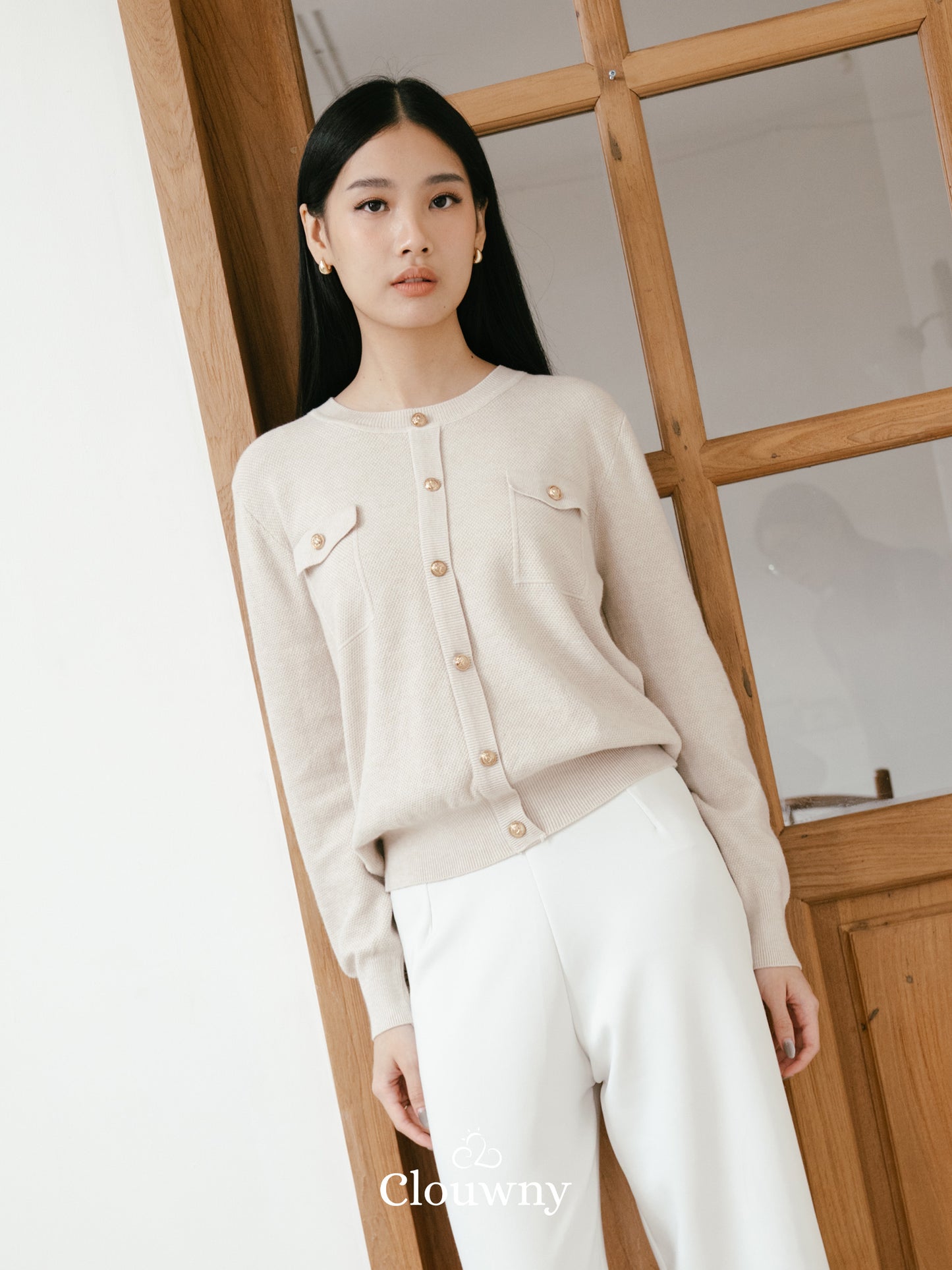 Pomp Button Top - Khaki