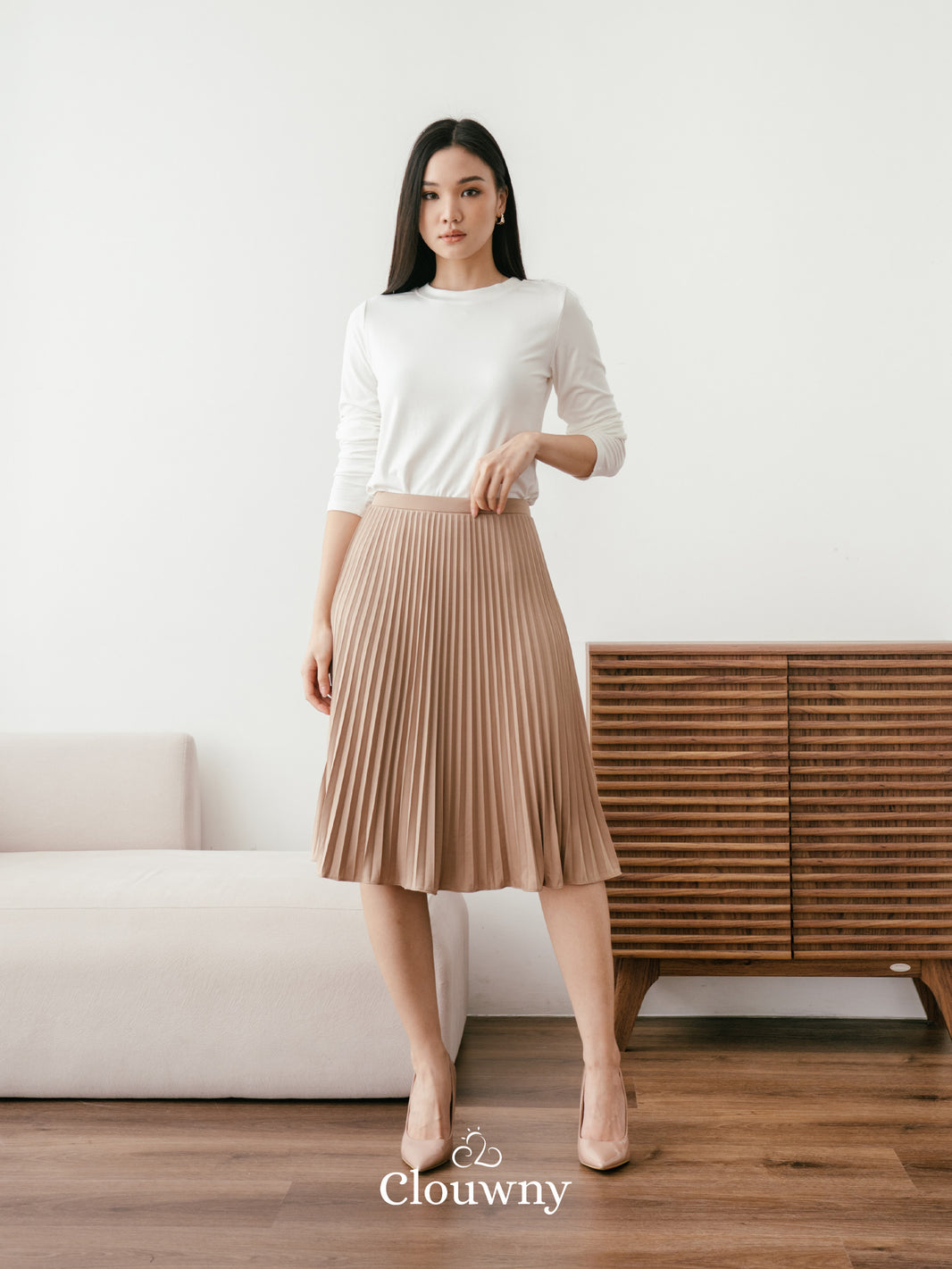 Vamos Midi Pleats Skirt - Cream