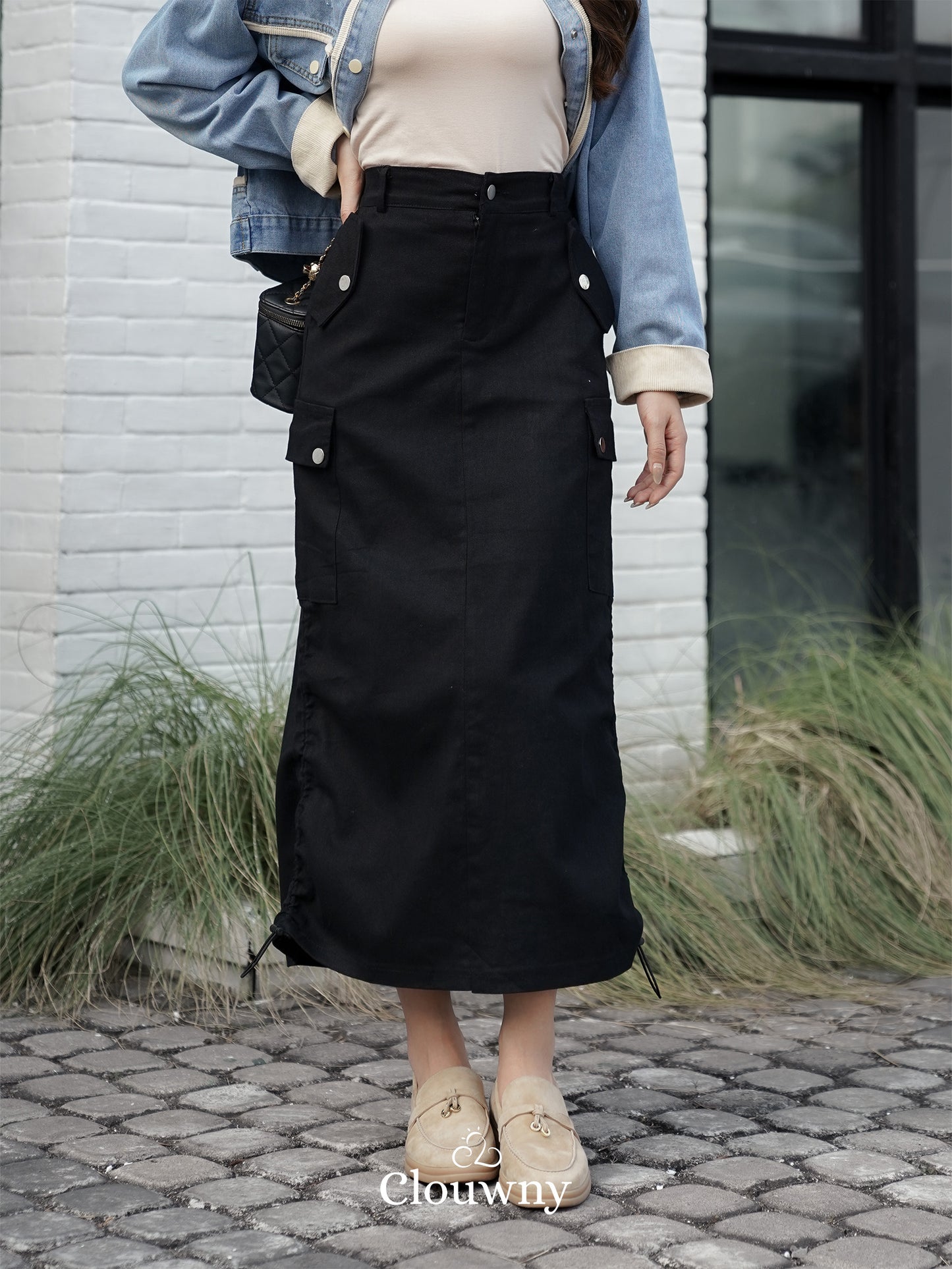 Dex Cargo Denim Skirt - Black
