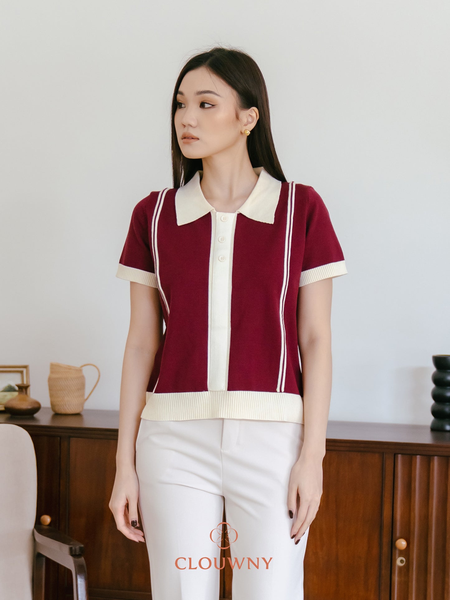 Maina Triple Button Knit Top - Burgundy