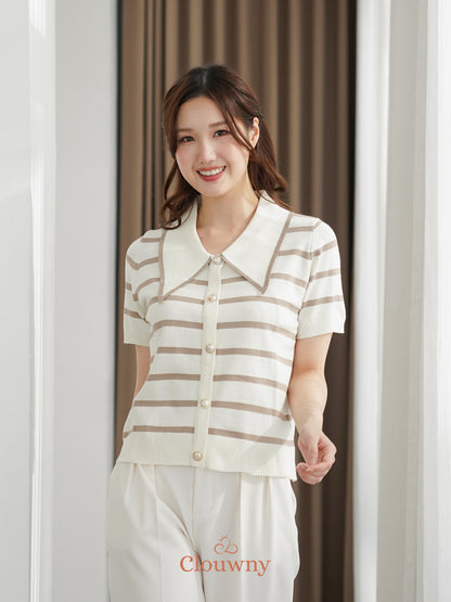 Prisca Collar Knit Top - Cream-Beige Stripes