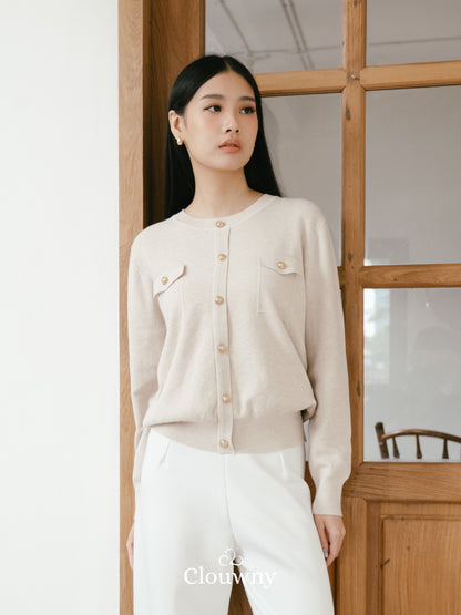 Pomp Button Top - Khaki