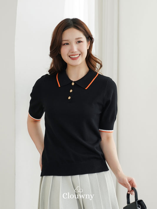 Domitia Polo Knit Top - Black