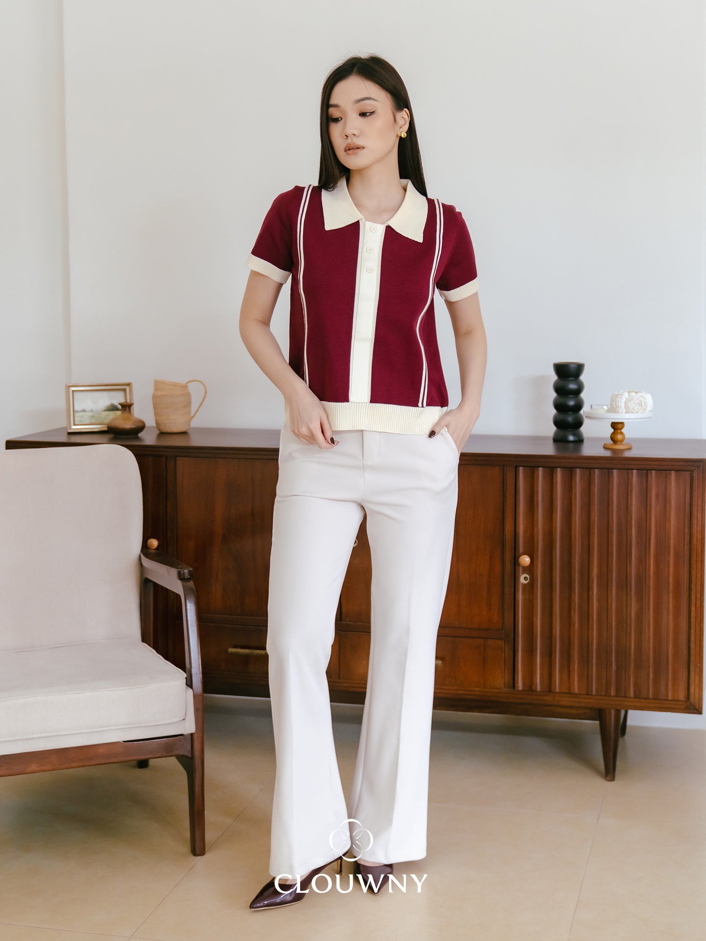 Maina Triple Button Knit Top - Burgundy