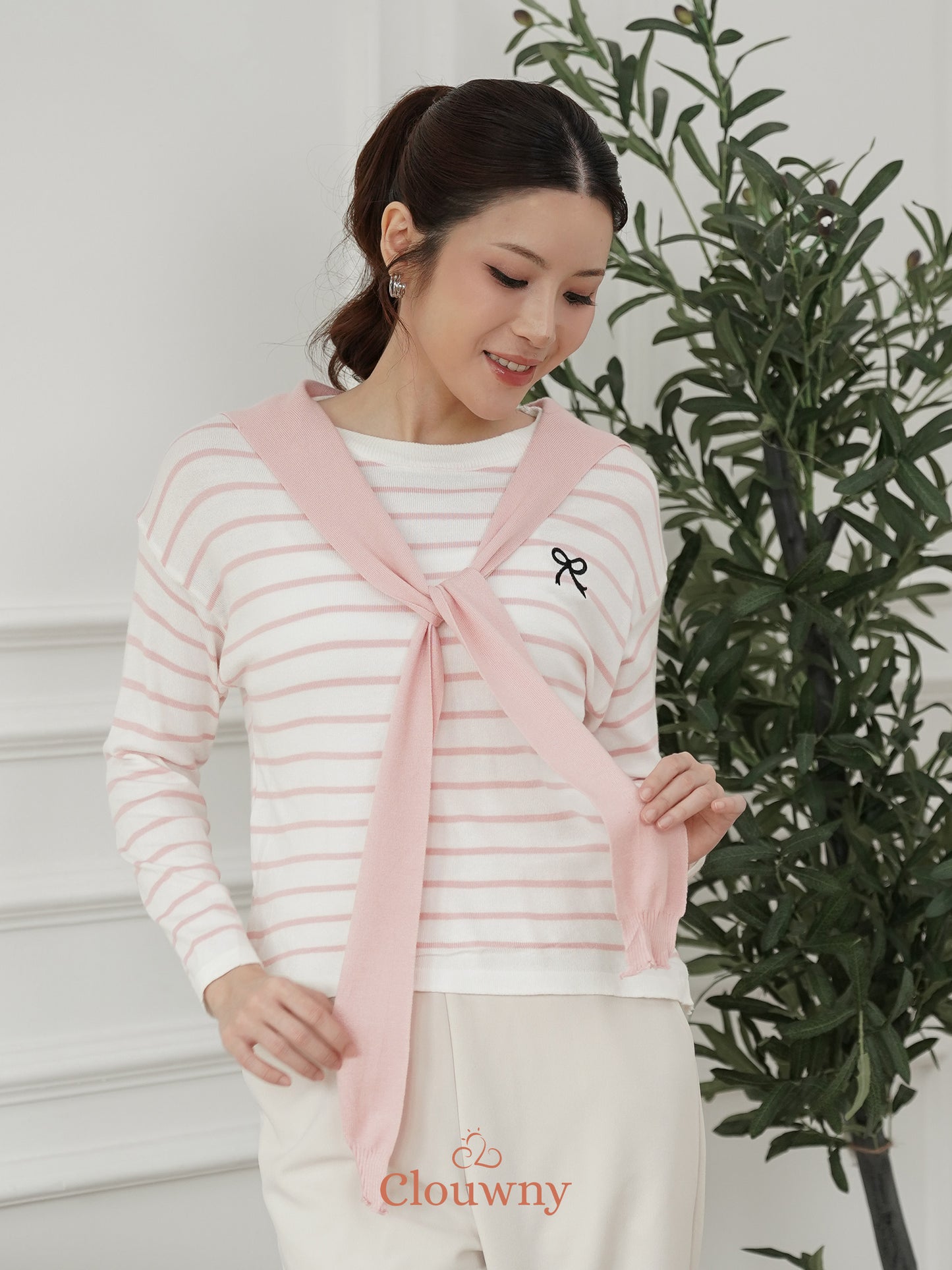 Genevi Scarf Stripes Top - Pink