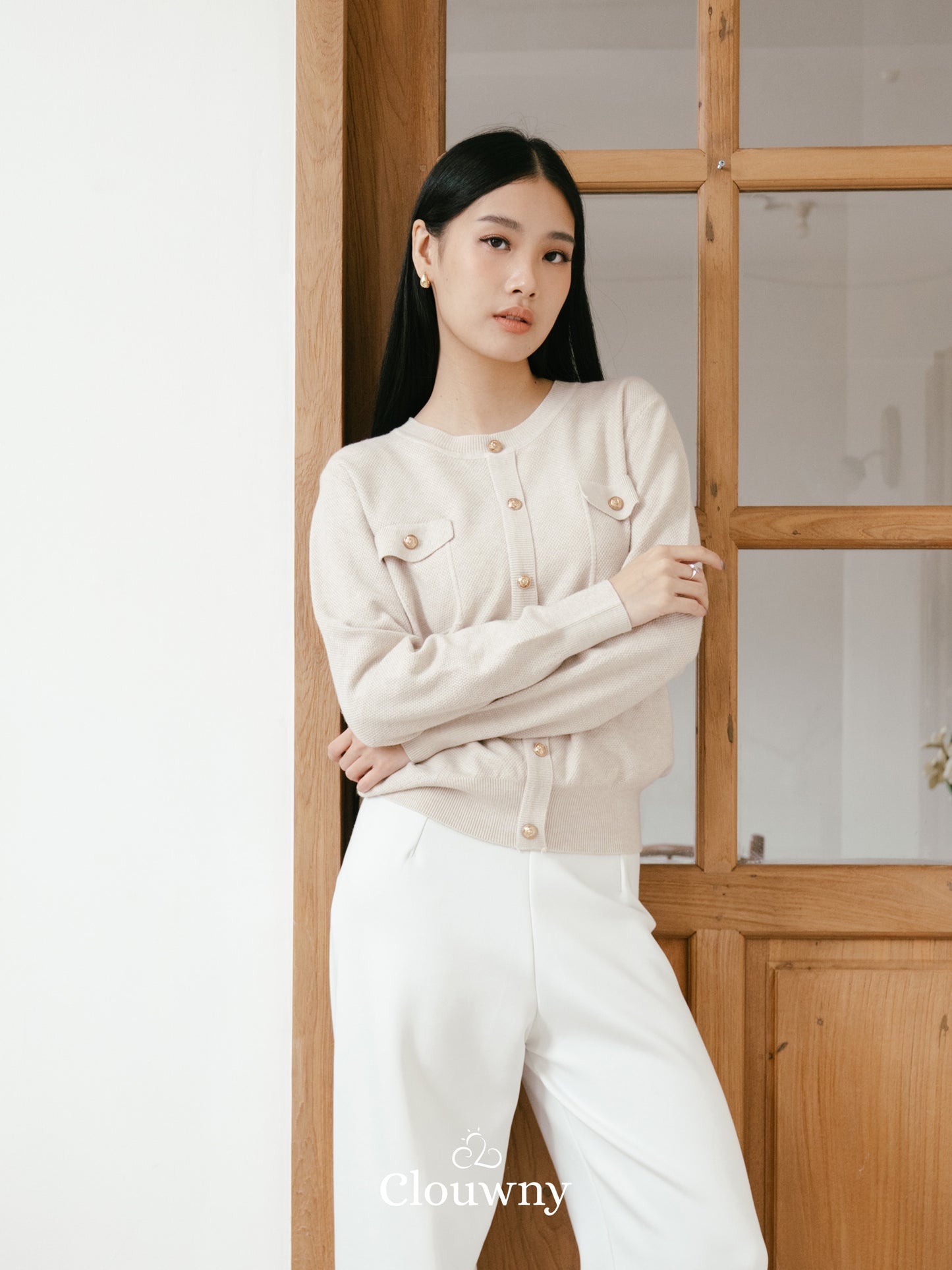 Pomp Button Top - Khaki