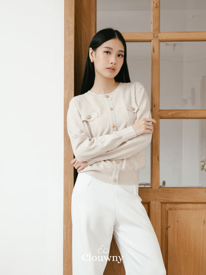 Pomp Button Top - Khaki