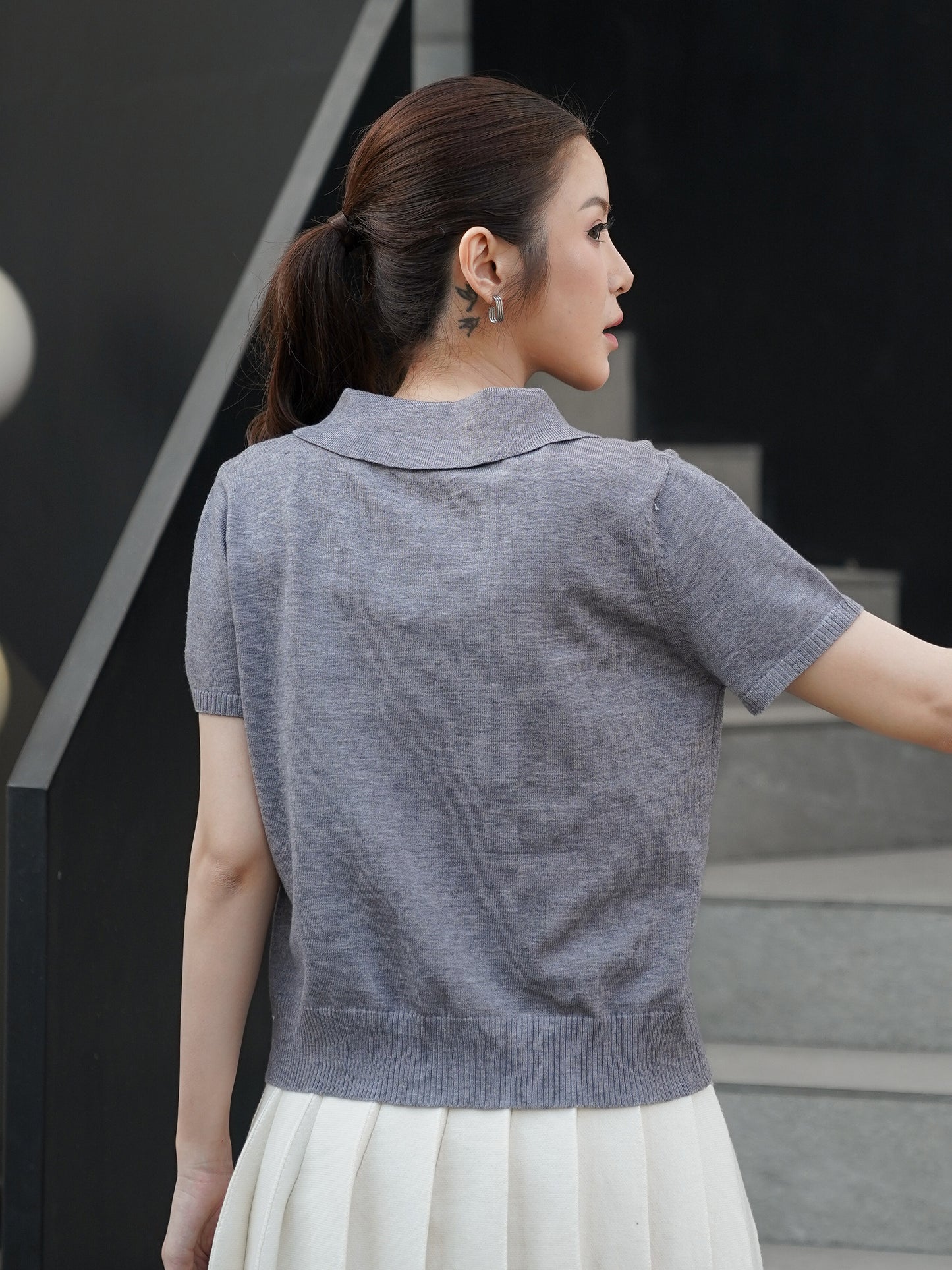Noza Collar Knit Top - Grey