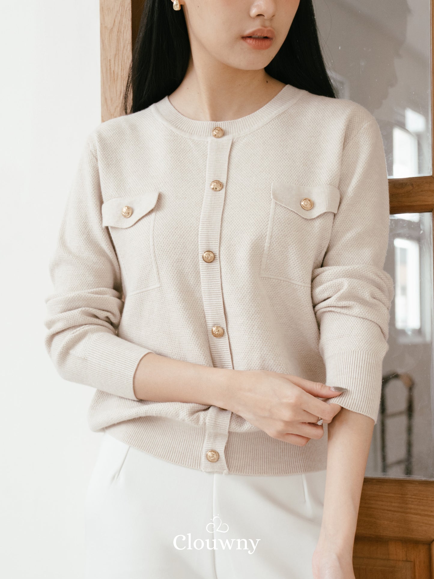 Pomp Button Top - Khaki
