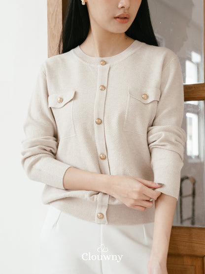 Pomp Button Top - Khaki