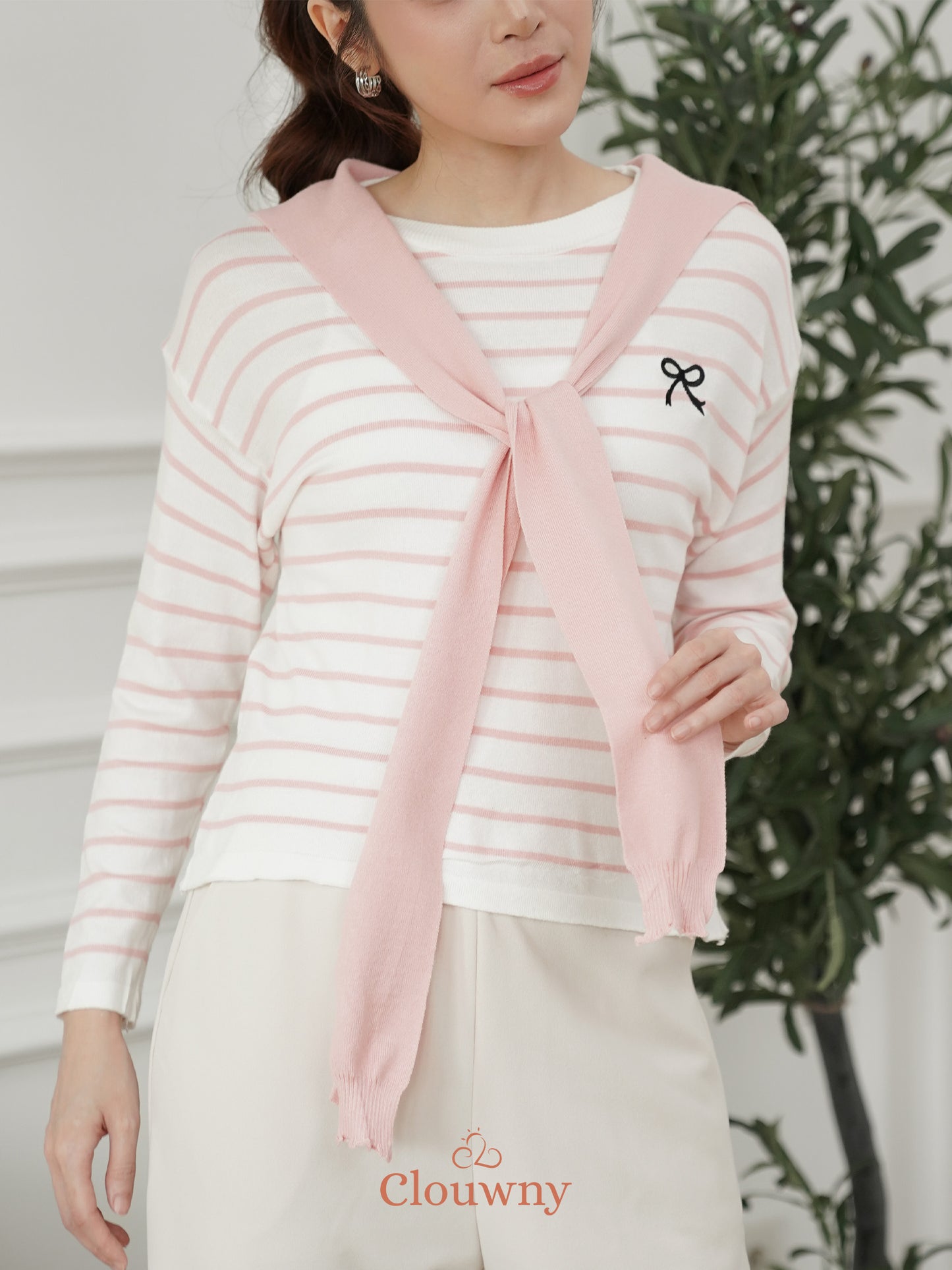 Genevi Scarf Stripes Top - Pink