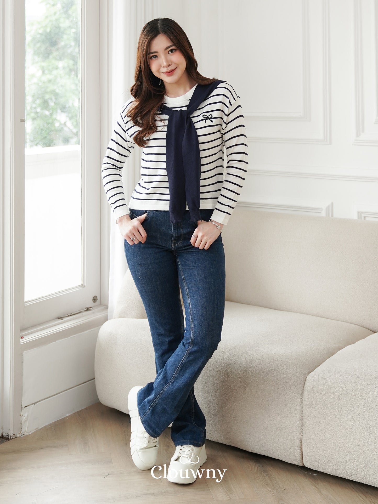 Genevi Scarf Stripes Top - Navy