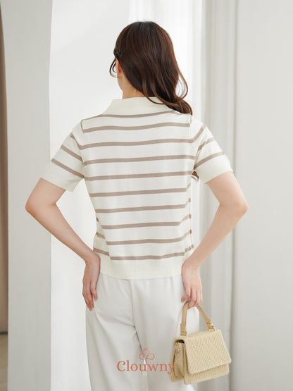Prisca Collar Knit Top - Cream-Beige Stripes