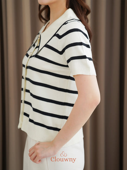 Prisca Collar Knit Top - Cream-Black Stripes