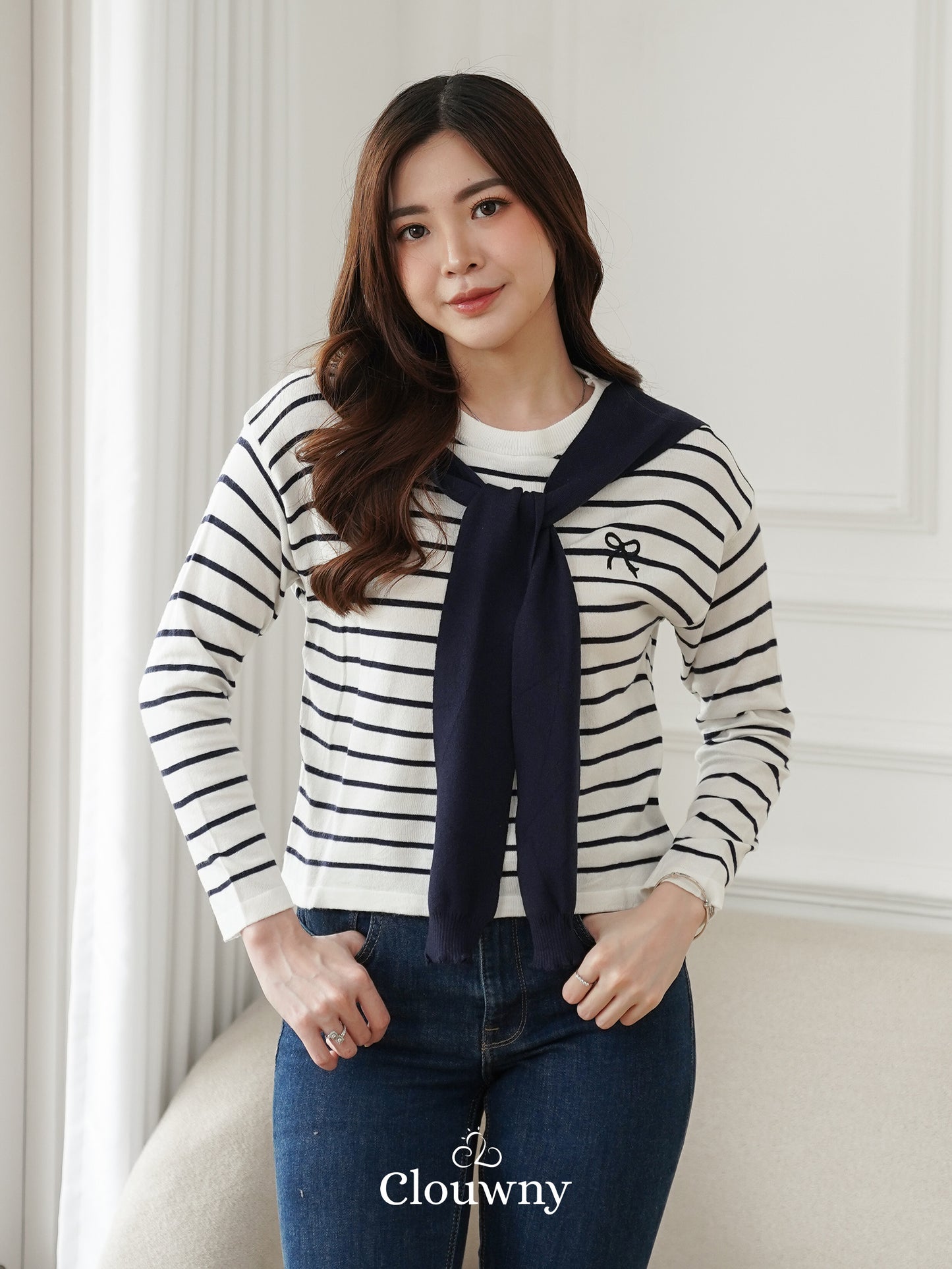 Genevi Scarf Stripes Top - Navy