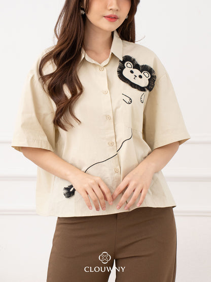 Lion Embroidery Shirt - Tea