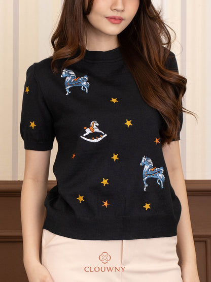 Star Horse Knit Top - Black