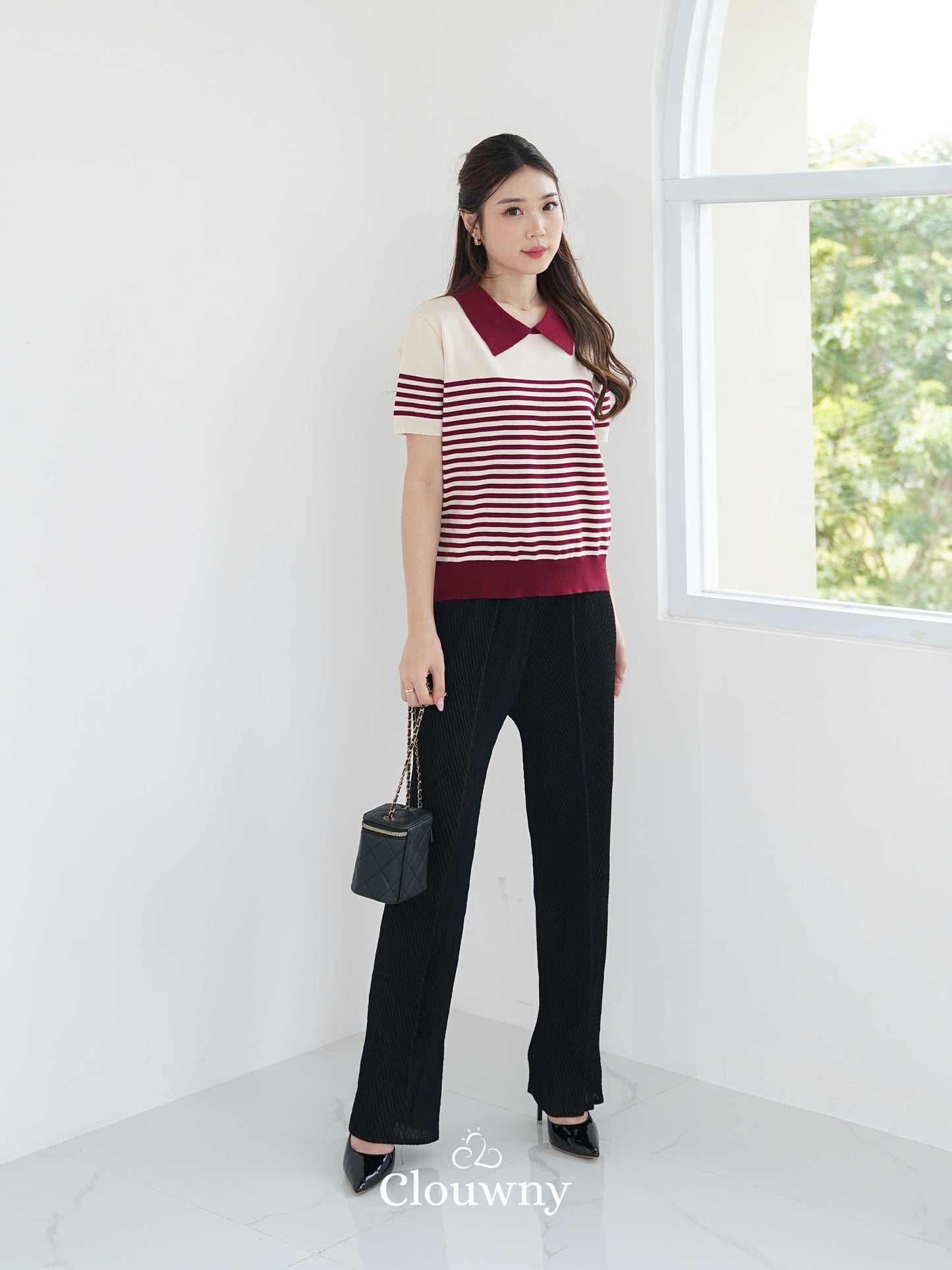 Erlan Collar Stripes Top - Maroon