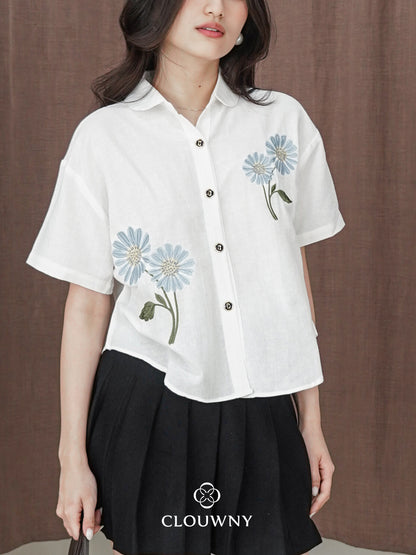 Sheryl Flower Cotton Shirt - White
