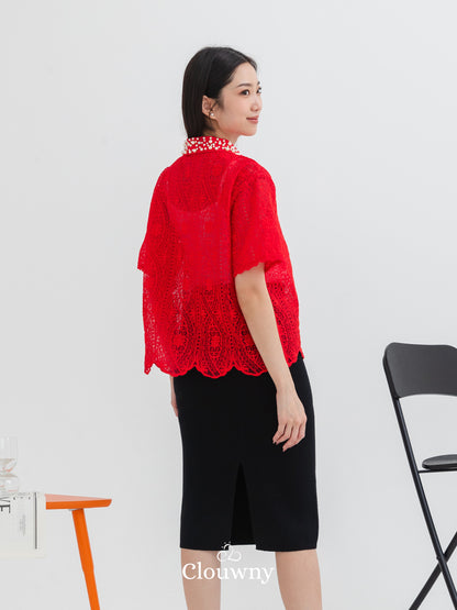 Chiro Pearl Lace Blouse - Red