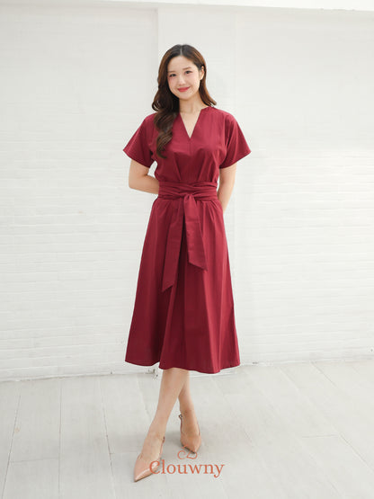Cava Obi Kimono V-Dress - Maroon