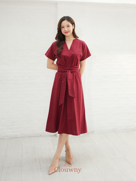 Cava Obi Kimono V-Dress - Maroon