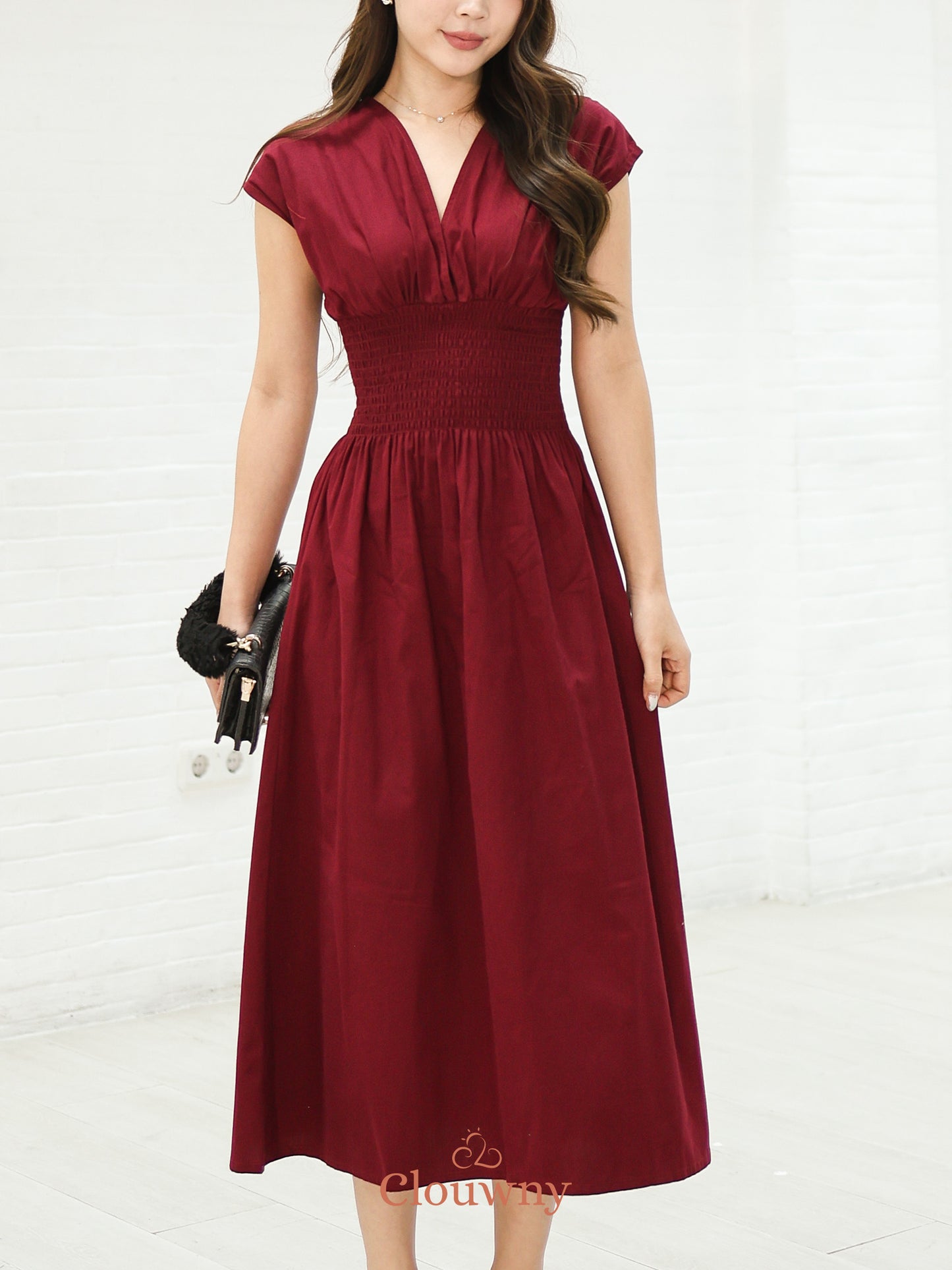 Orin Rubber Vneck Dress - Maroon