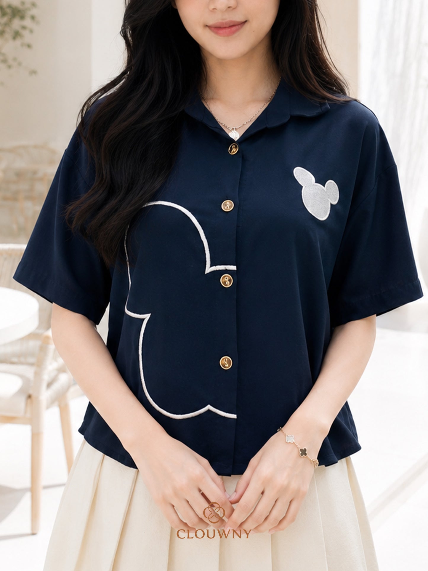 Mouse Button Cotton Shirt - Navy