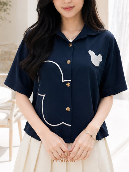 Mouse Button Cotton Shirt - Navy