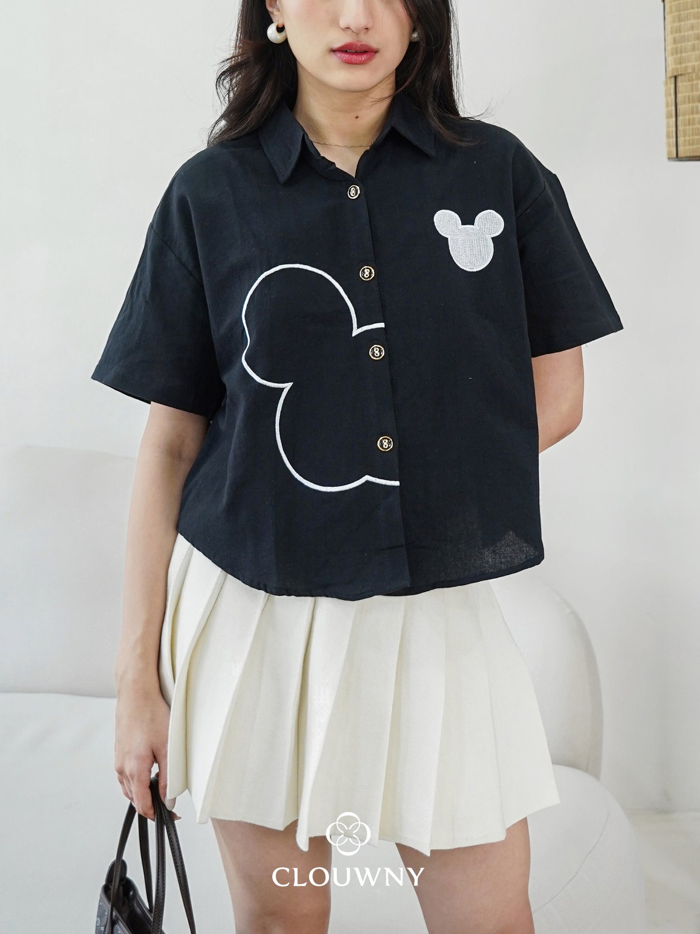 Mouse Button Cotton Shirt - Black