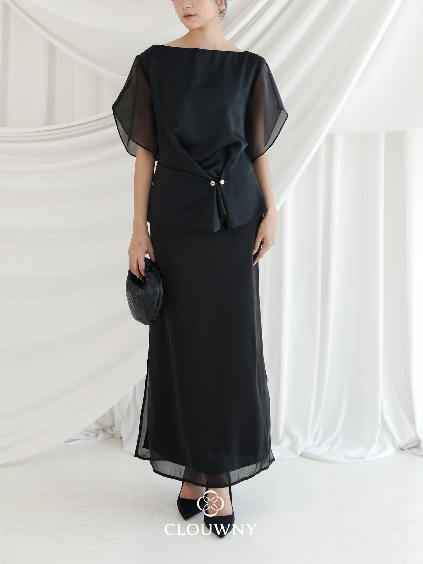 Selena Button Satin Set - Black