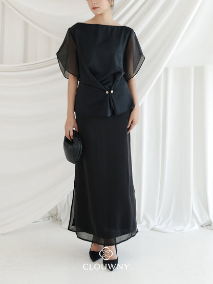 Selena Button Satin Set - Black