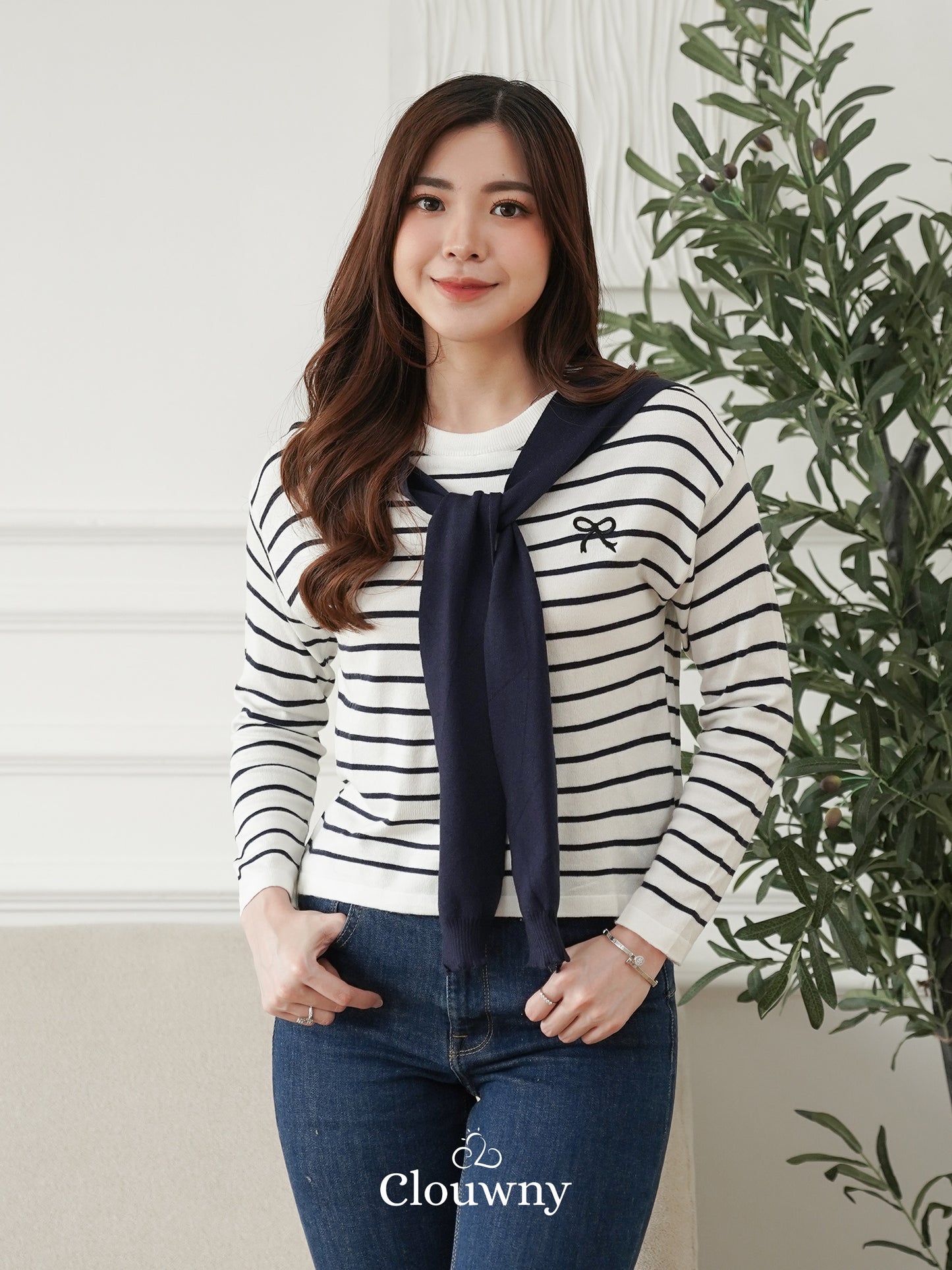 Genevi Scarf Stripes Top - Navy