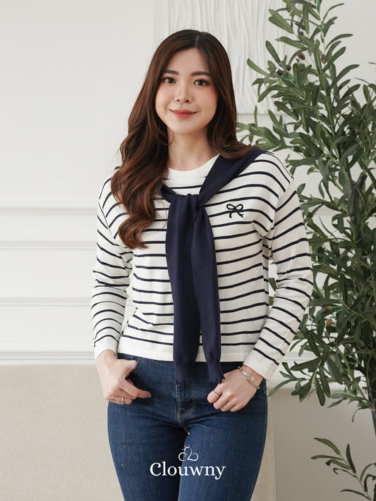 Genevi Scarf Stripes Top - Navy