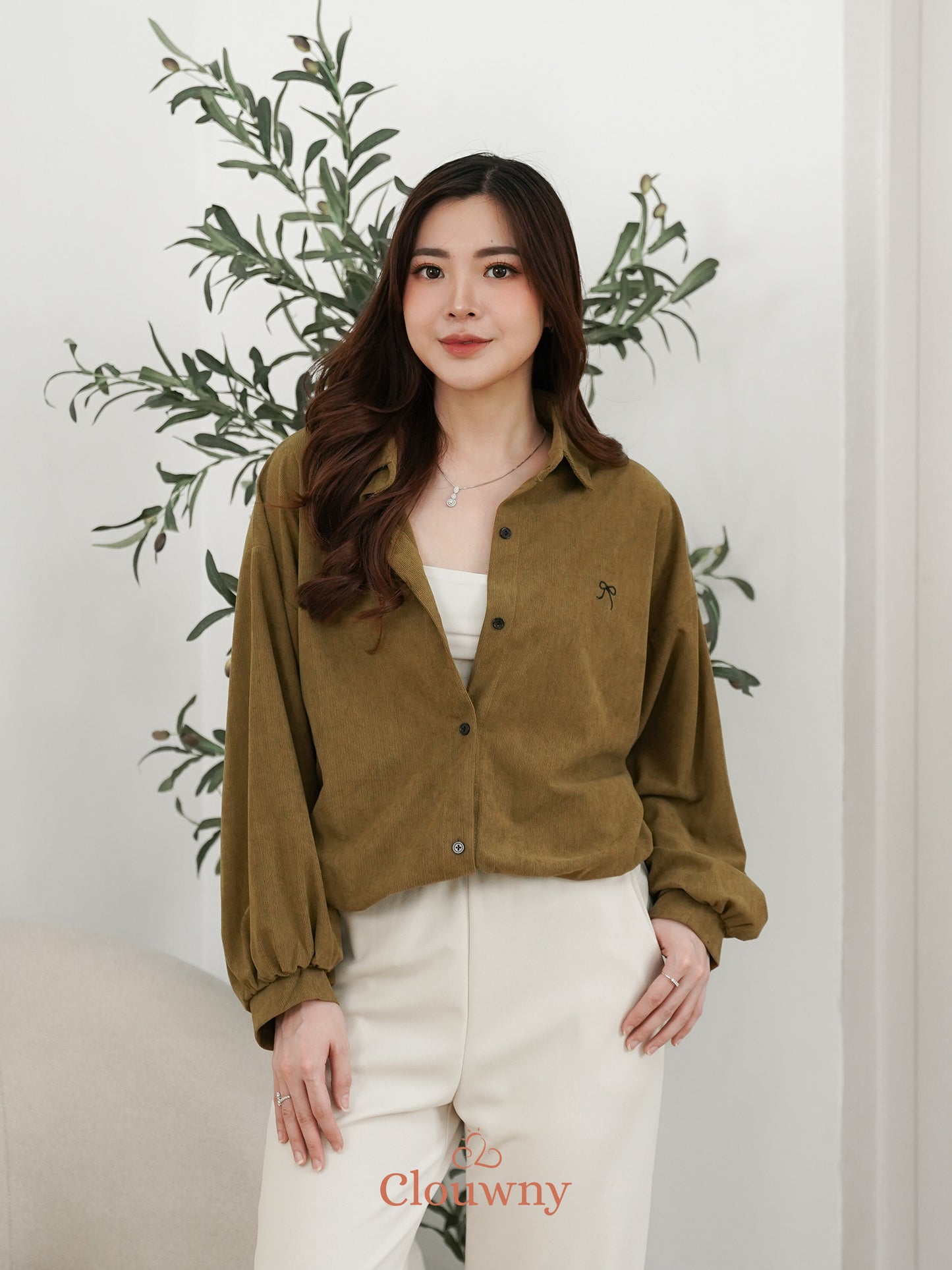 Marcia Corduroy Bow Shirt - Olive