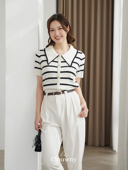 Prisca Collar Knit Top - Cream-Black Stripes