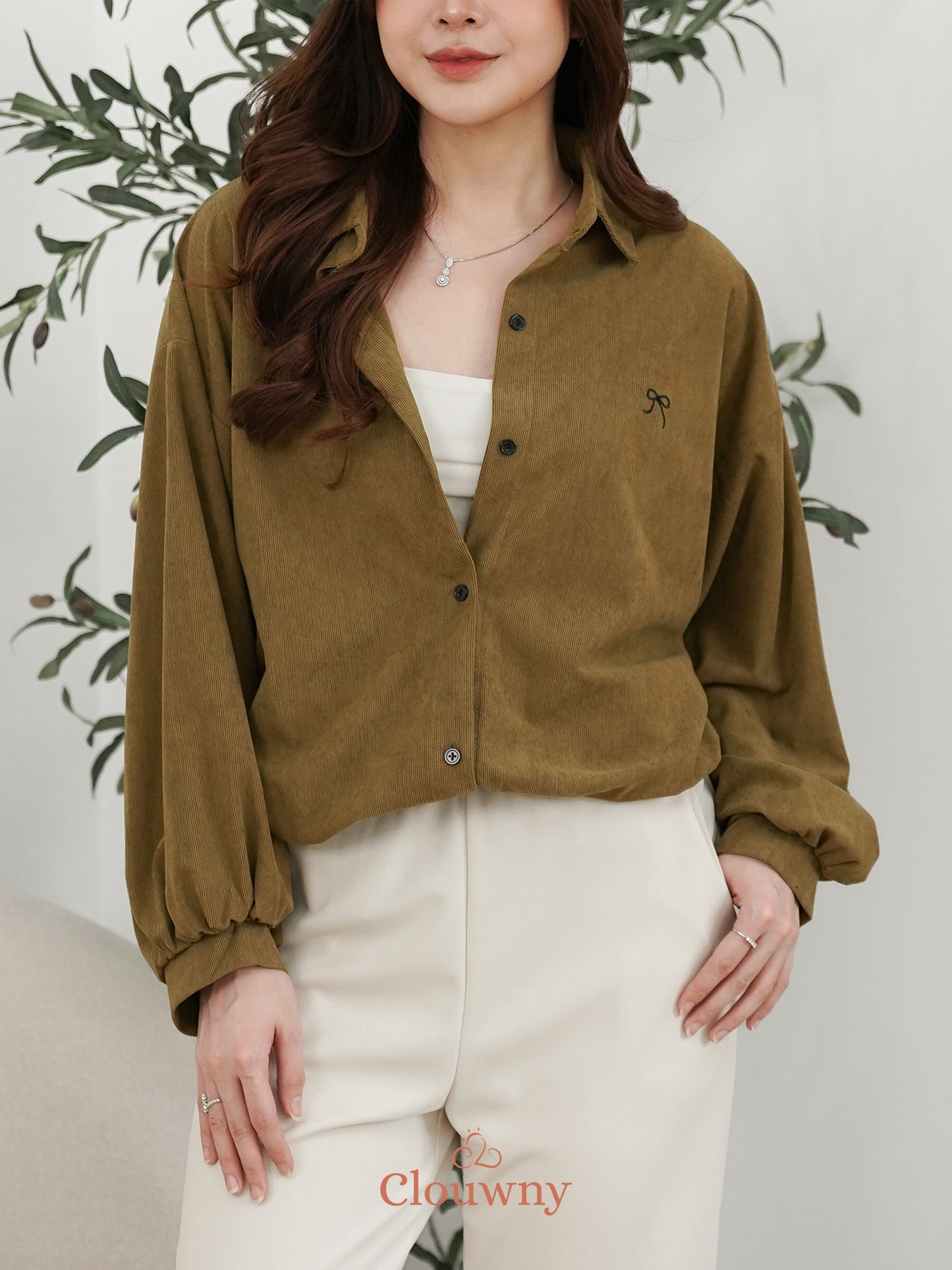 Marcia Corduroy Bow Shirt - Olive