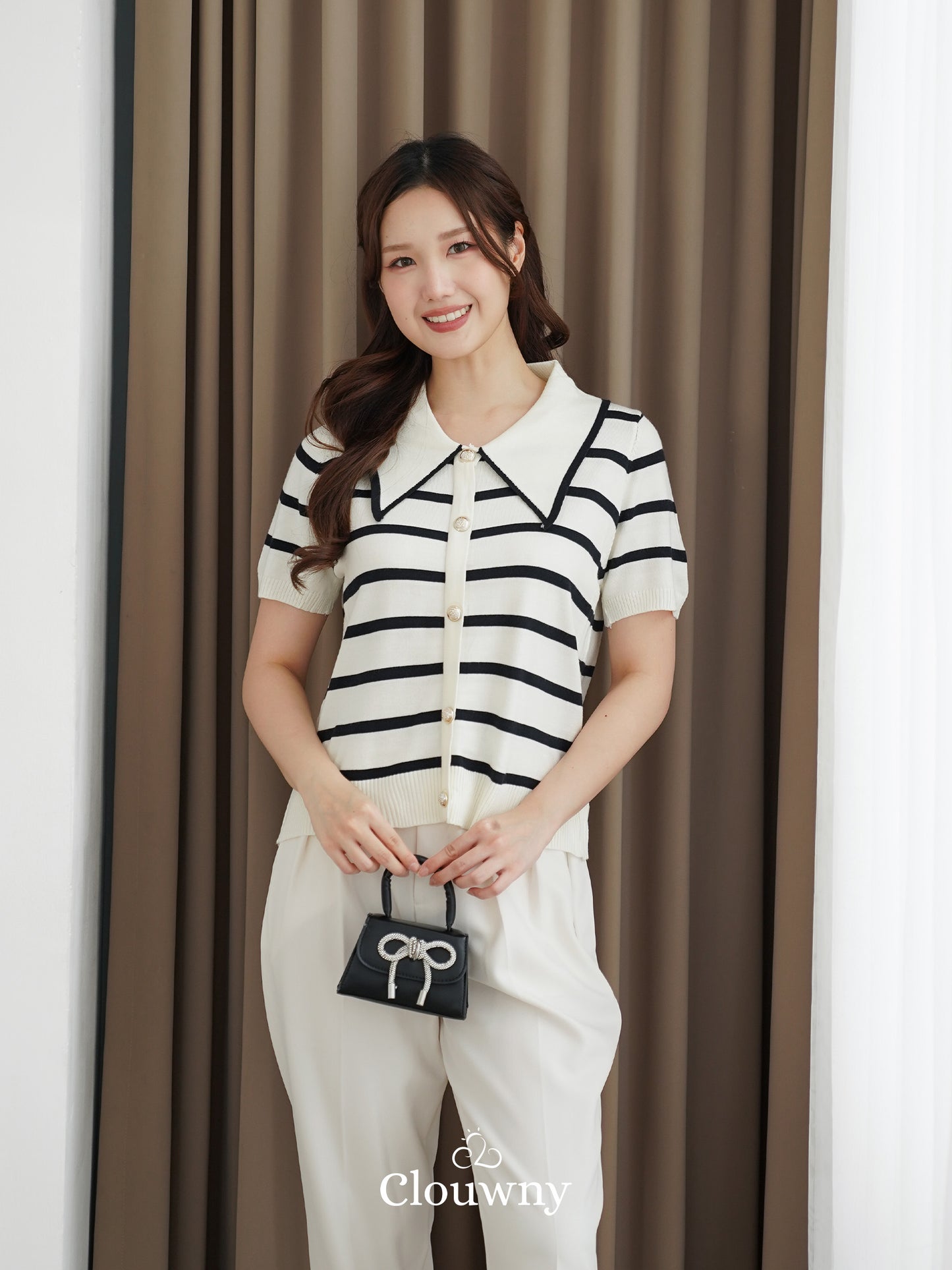 Prisca Collar Knit Top - Cream-Black Stripes