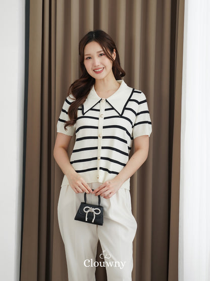 Prisca Collar Knit Top - Cream-Black Stripes